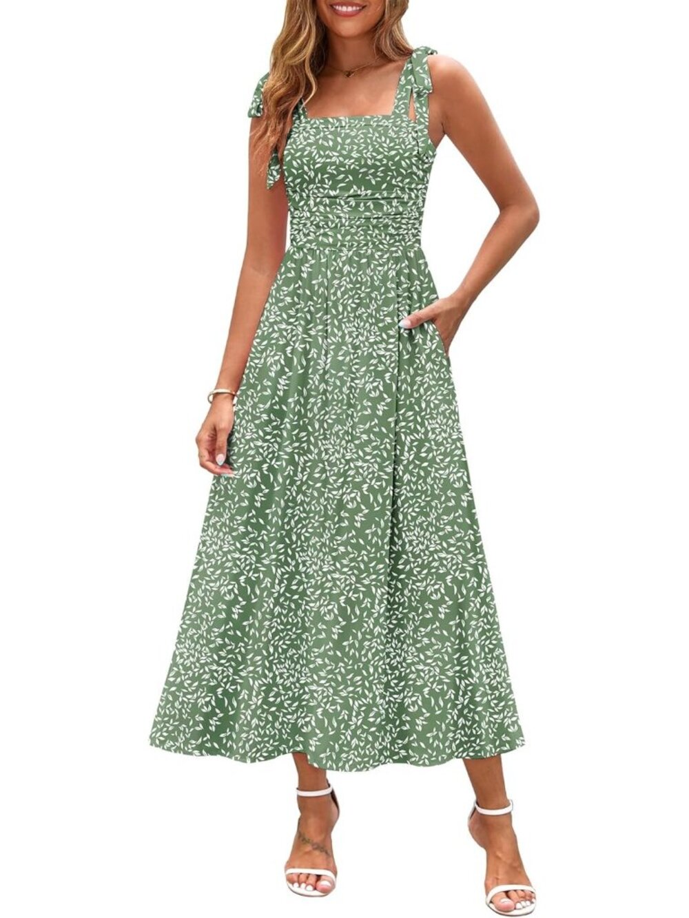 🆕 Women's Green White Leaf Floral Sleeveless Square Neck With Pocket Maxi Dress